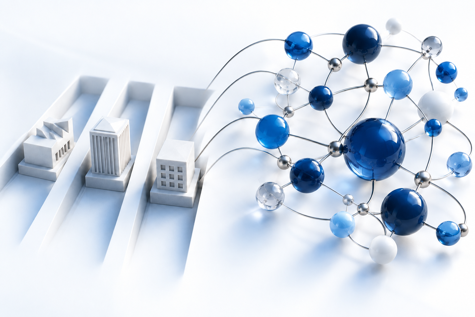 Three-dimensional illustration of isolated business units becoming a connected network